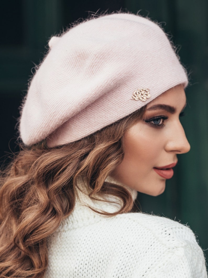 Beige classic beret for women Wool angora warm hat Knitted Black Winter Pink Hat Gift for her Pink