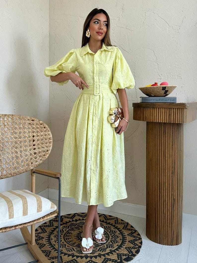 Boho White Cotton Summer Dress with Puffed Sleeves and Embroidery image 8