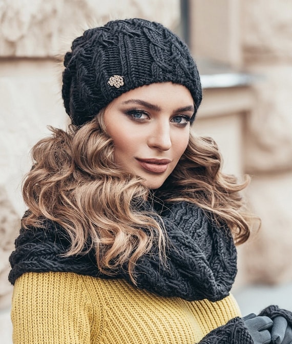 Winter Hat With Pompon Scarf Gloves Set 