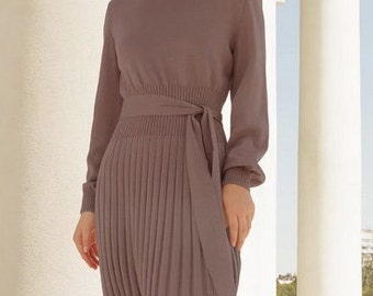 Robe en tricot de coton : tenue décontractée élégante pour femme - Robe confortable à manches longues - Robe bohème midi