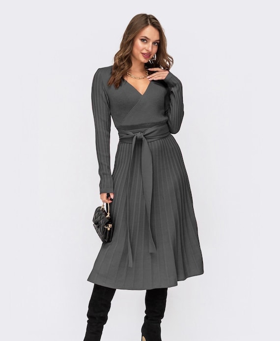 grey knit wrap dress Women's Fall Tie Waist Sweater Dress Elegant V Neck Wrap Sweater Dress Long Sleeve Knit Mini Sweater Dress Grey Large