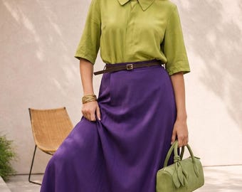 Rayon Purple Maxi Skirt - Elegant High Waisted Long Skirt with Slit