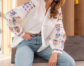 Feminine Boho Style Floral Embroidered Cotton Blouse