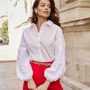 Elegant White Lace Women&#39;s Blouse Handmade - Stylish Spring Blouse for Women
