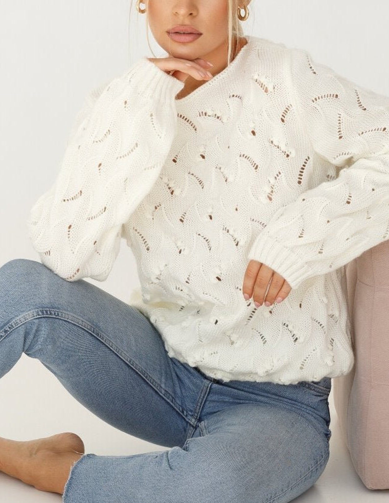White womens knitted sweater long sleeve Spring cotton sweater Etsy