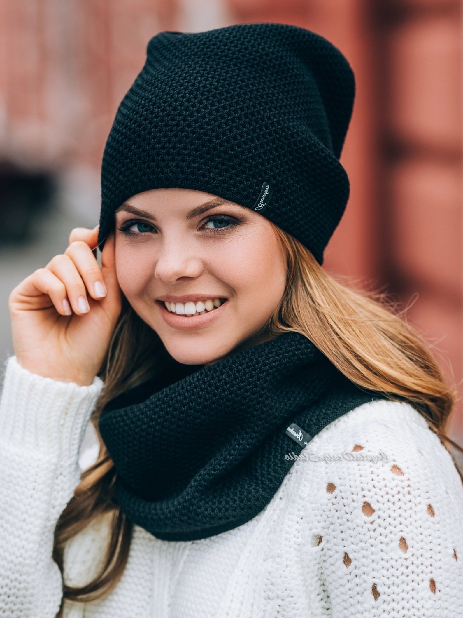 Women Hat and Scarf Infinity White Wool Knitted Set Black Etsy