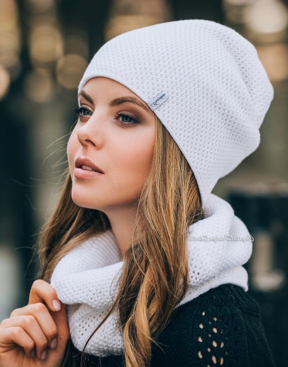 Women hat and scarf infinity White Wool Knitted set Black Etsy