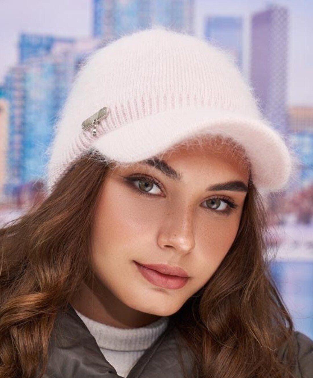 Fur Winter Baseball Cap for Women Wool Angora Warm Hat Knitted Black