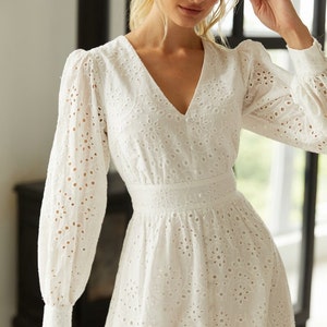 Laconic summer dress long sleeve White cotton dress for women Openwork Party dress White bridesmaids drresses image 10