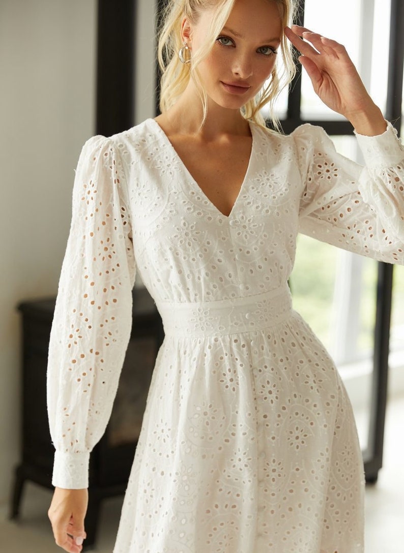 Laconic summer dress long sleeve White cotton dress for women Openwork Party dress White bridesmaids drresses image 10