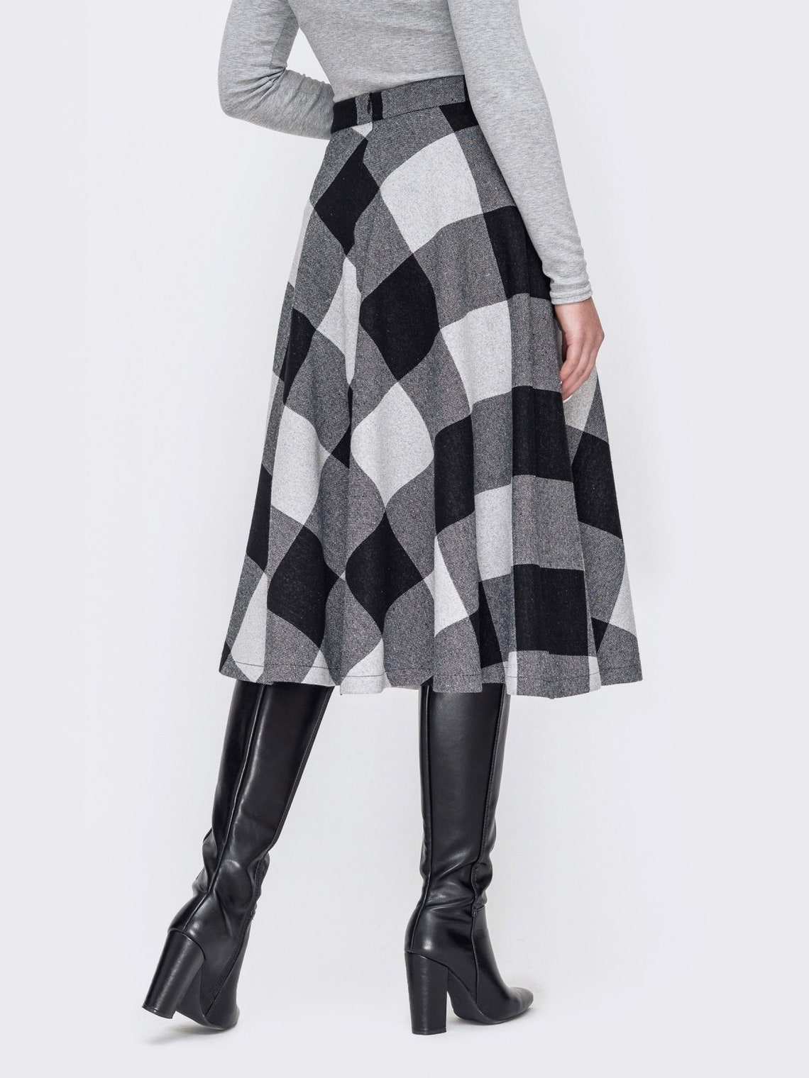 Checkered skirt for womens Black white Wool Classic below the Etsy