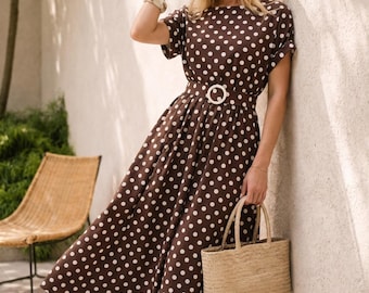 Summer Short Sleeve Dress with Belt - Retro 1950s Style Dress