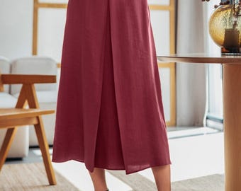 Burgundy Tencel Midi Skirt - High Waisted A-Line Skirt with Front Pleat