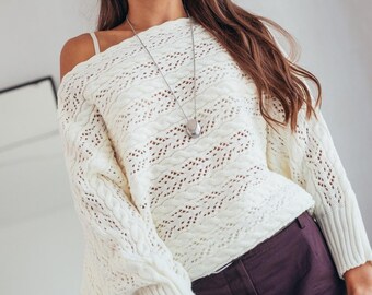 Off the Shoulder White Cable Knit Sweater - Loose Knit Batwing Jumper for Women