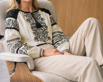 Embroidered Cotton Blouse with Lace, Boho Vyshyvanka Top