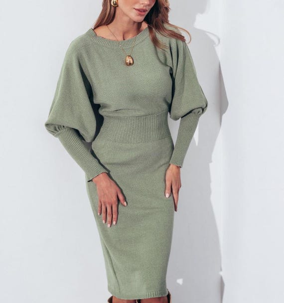 Knitwear Midi Dress for Women - Winter Midi Dress Long Sleeve Bat - Casual Wear Jersey Dress Knitwear Midi Dress for Women - Winter Midi Dress Long Sleeve Bat - Casual  Wear Jersey Dress - Etsy