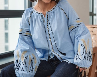 Floral Embroidered Blouse, Cotton Blend Feminine Top