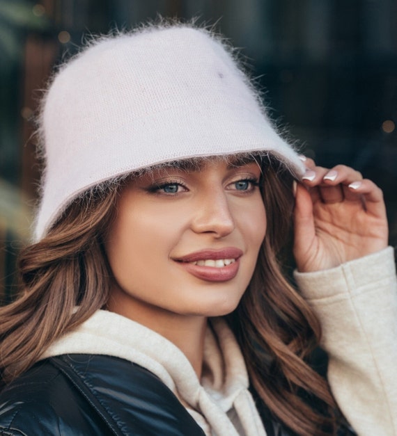 ALPACA Wool Bucket Hat Soft Fuzzy Warm Gray White Blend with Flower Alpaca Wool Blend Knitted Bucket Hat - Winter Soft Hat - Etsy main image 3