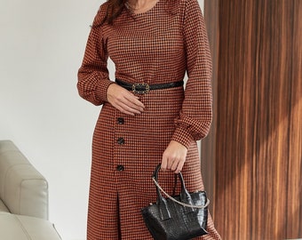 Vintage-Inspired Terracotta Houndstooth Midi Dress