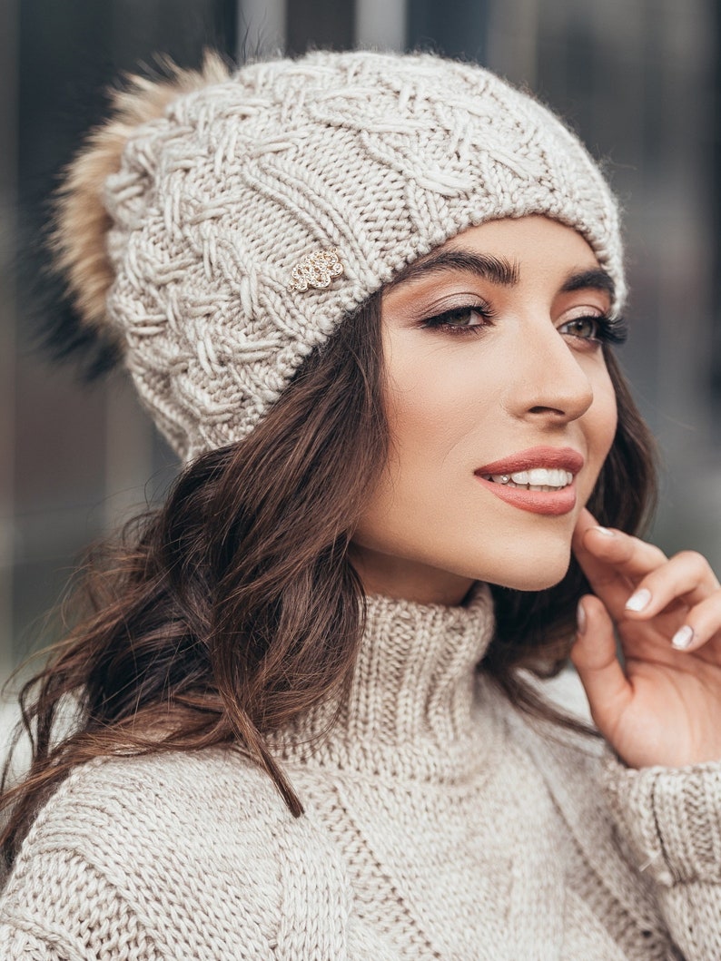 Gray Winter hat pom pom Wool hat for women Warm Knitted winter | Etsy