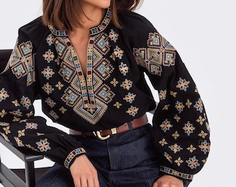 Embroidered Black Boho Blouse with Geometric Patterns