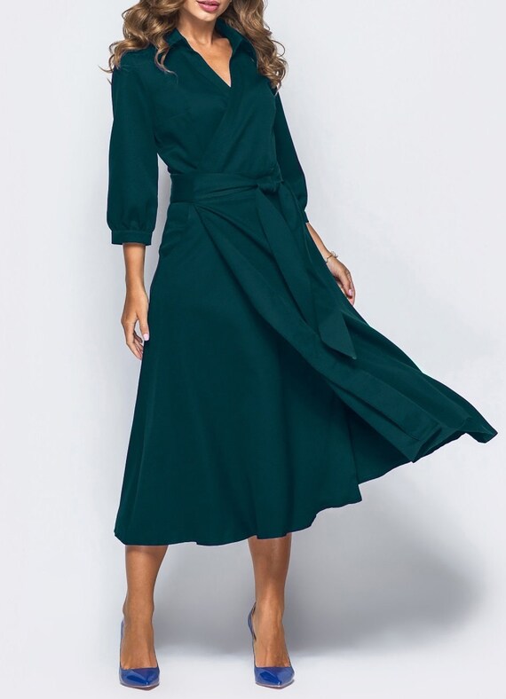 Emerald dress casual wear Midi Office dress fold spring Navy | Etsy