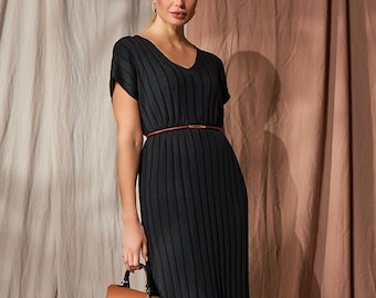 Knit ribbed long dress for women - Summer black cotton dress short sleeve - Casual wear jersey dress