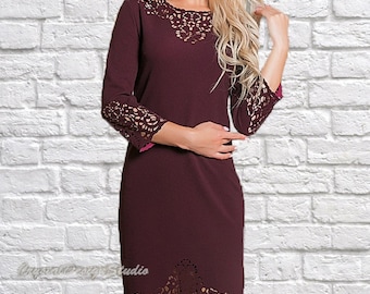 Marsala Midi Dress with Lace Detail - Elegant Women's 2XL