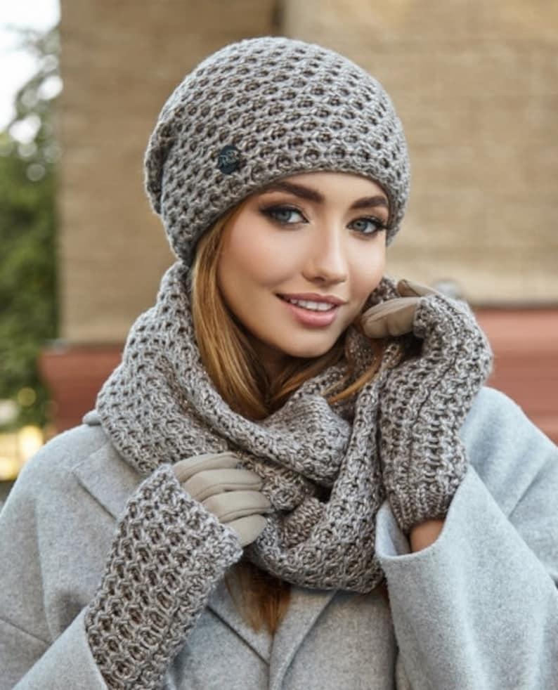 Women Winter hat and collar infinity and gloves White Knitted Coffee