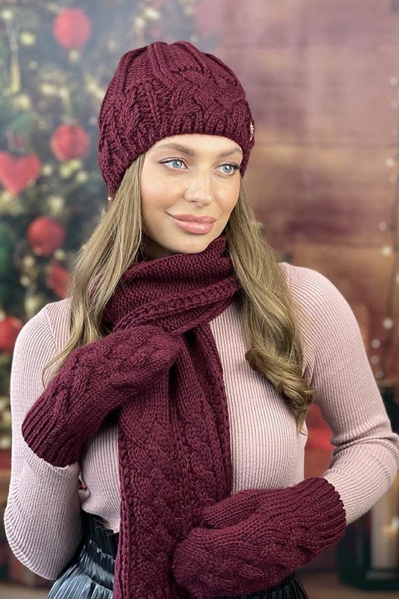 Polaire Femme Ensemble Hiver Femme Bonnet écharpe Gants - Doublure Polaire - Gants Tactiles - Cadeau Noël Ensemble Tricoté Froid Cadeau Noël