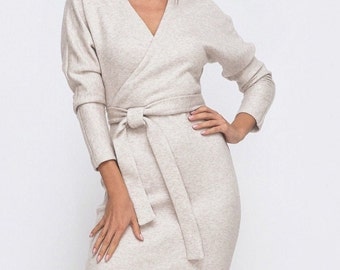 Warm Winter dress for women Ivory cozy wool long dress long sleeve Casual wear knited dress