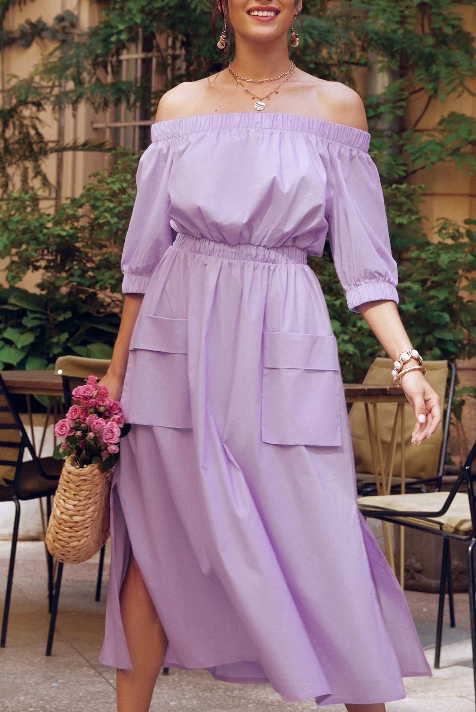 Lilac summer dress open shoulder Сotton sundress girls Long Etsy