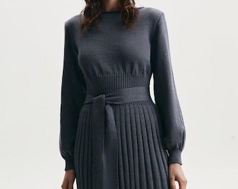 Charcoal Grey Knit Pleated Midi Sweater Dress, Long Sleeve Belted Waist
