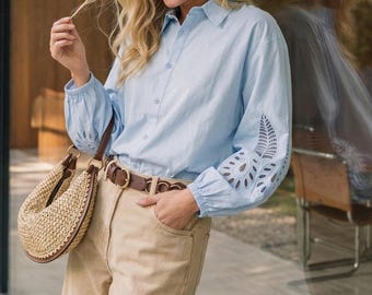 Sky Blue Broderie Shirt - Boho Chic Eyelet Sleeve Cotton Blouse