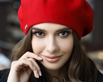 Red Wool Beret for Women with Satin Lining - Vibrant Red Slouchy Beanie