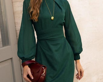 Green Dress - Knee High Dress - Cocktail Dress - Semi Formal Dress - Long Sleeve  Formal Wear - Elegant Green Attire - Stylish Sleeved Dress - Etsy