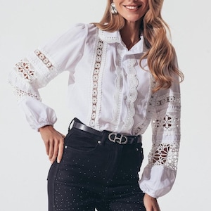 Womens White Lace Blouse - Classic Cotton Shirt for Her - Stylish Spring Blouse for Women