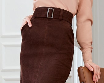 Brown pencil skirt for women - Knee office velveteen skirt high waist - Secretary classic beige cotton skirt