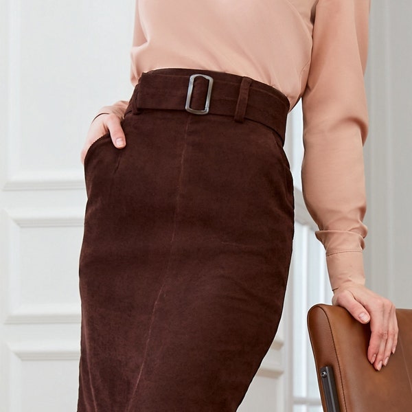 Brown pencil skirt for women - Knee office velveteen skirt high waist - Secretary classic beige cotton skirt
