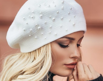 Béret classique d'hiver pour femme - Bonnet chaud en laine angora - Bonnet d'hiver en tricot - Cadeau pour elle - Vêtements d'hiver - Chapeaux béret pour femme