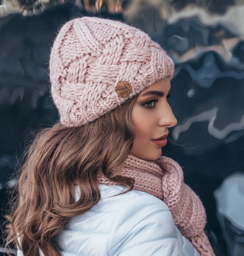 Pink Alpaca wool hat and scarf Winter Set women Cozy Knitted Etsy