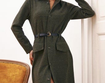 Wool Midi Houndstooth Dress with Belt - Dark Academia Clothing