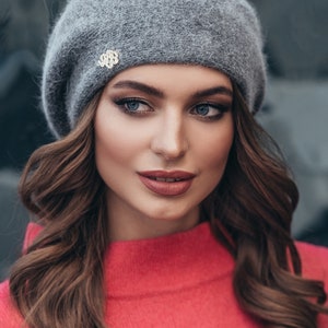 Beige classic beret for women Wool angora warm hat Knitted Black Winter Pink Hat Gift for her Dark grey