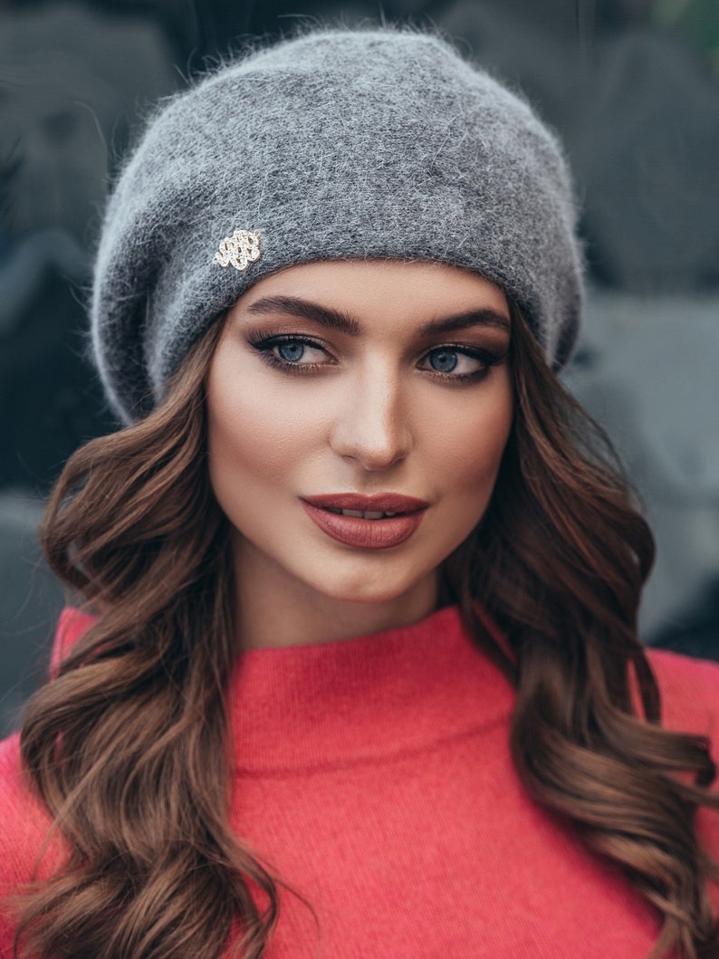 Beige classic beret for women Wool angora warm hat Knitted Black Winter Pink Hat Gift for her Dark grey