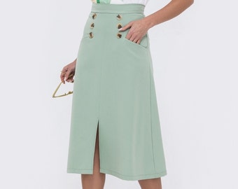 A-Line Cotton Skirt with Front Slit and Pockets - High Waisted Summer Skirt
