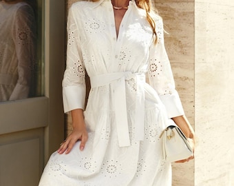 Elegant White Summer Dress with Long Sleeves - Wedding Party Embroidered Gown