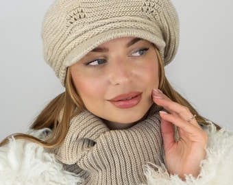 Strickmütze für Damen – Beige Schirmmütze