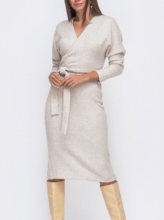 Warm Winter Dress for Women Ivory Cozy Wool Long Dress Long Sleeve
