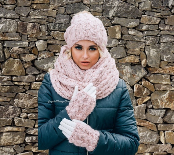 pink hat and scarf set womens