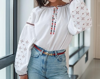 Hand Embroidered Boho Chic Cotton Blouse - Floral Embroidery